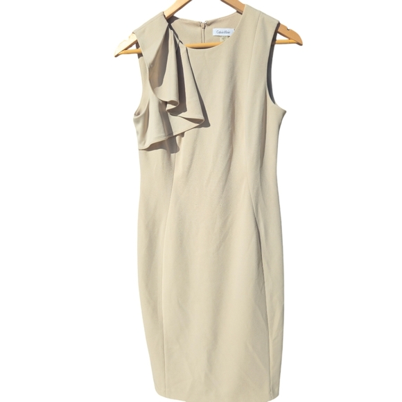 Calvin Klein Dresses & Skirts - Nude minimalist dress with one shoulder ruffle knee length Calvin Klein Sz 6 021